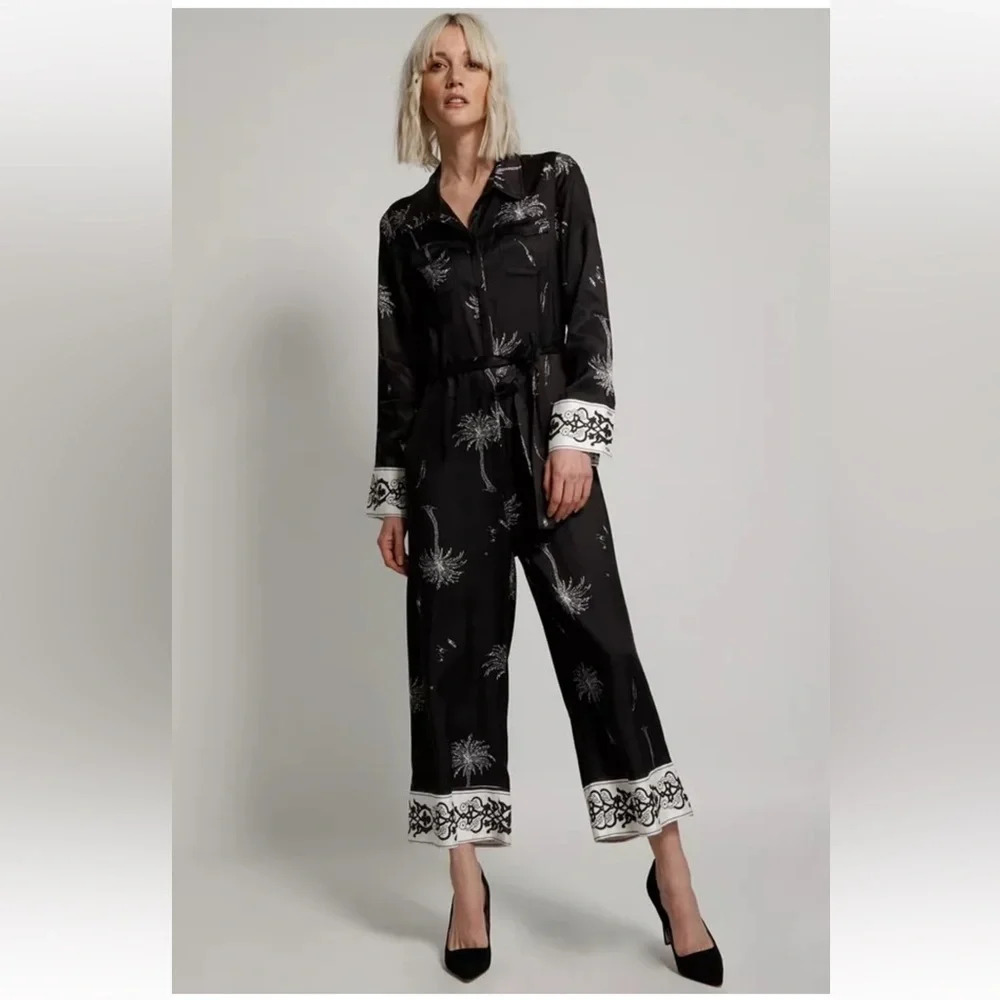 One Teaspoon Valentine Jumpsuit Onyx Valley Palm Tree Black White Size L